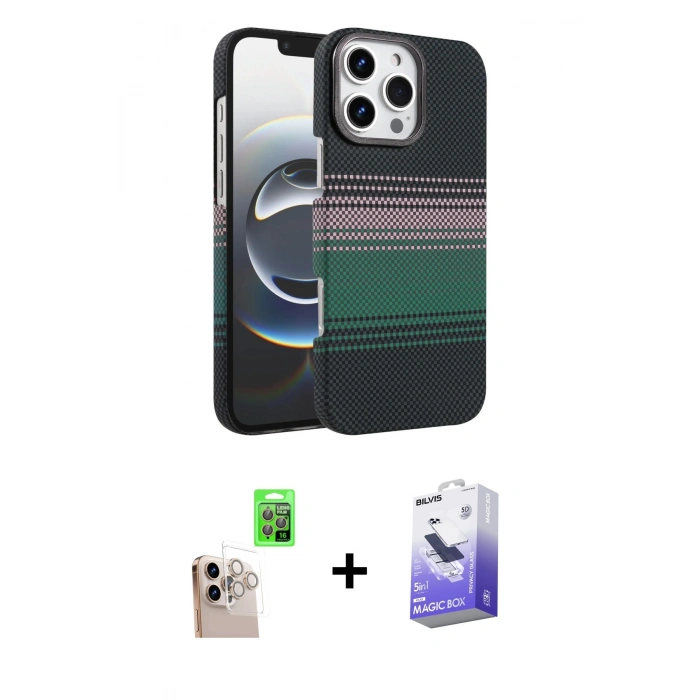 MARSİLYAN™- iPhone 16 Pro Max Kılıf Doruk Serisi - Siyah Bilvis 5in1 5D Magic Hayalet Cam Ekran Koruyucu + Natural Grey Raze Metal Kamera Lens