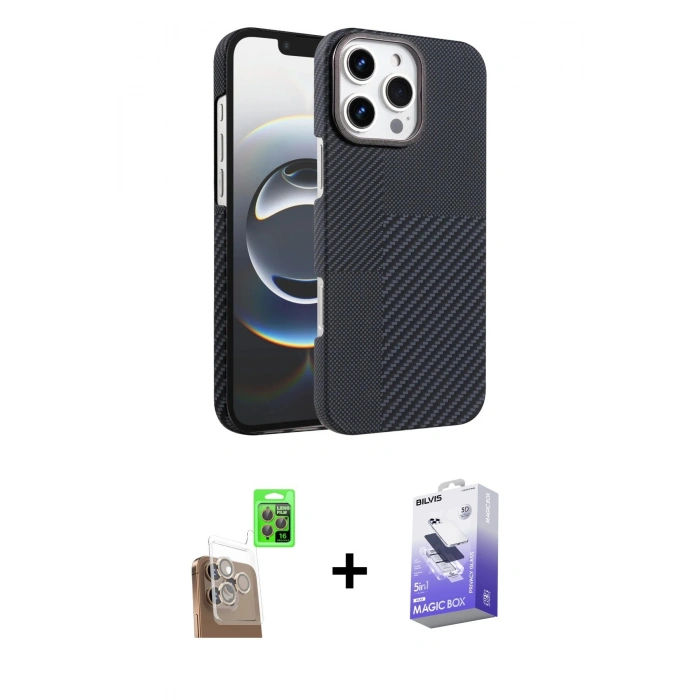 MARSİLYAN™- iPhone 16 Pro Max Kılıf Doruk Serisi - Siyah Bilvis 5in1 5D Magic Hayalet Cam Ekran Koruyucu + Raze Metal Kamera Lens - CLTM