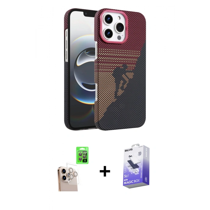 MARSİLYAN™- iPhone 16 Pro Max Kılıf Doruk Serisi - Siyah Bilvis 5in1 5D Magic Hayalet Cam Ekran Koruyucu + Natural Grey Raze Metal Kamera Lens