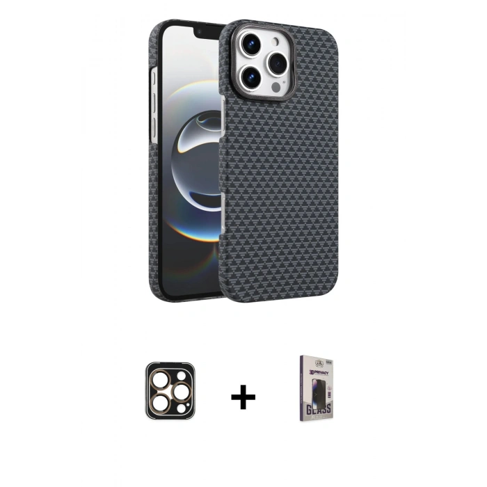 MARSİLYAN™- iPhone 16 Pro Max Kılıf Doruk Serisi - Siyah Bilvis Hayalet Cam Ekran Koruyucu + PVD Metal Kamera Lens - GD
