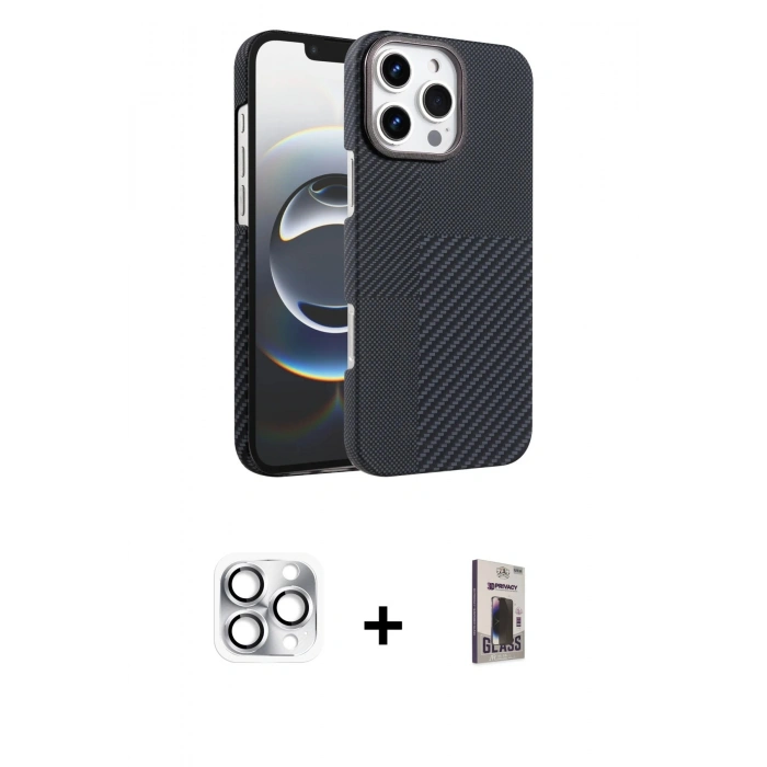 MARSİLYAN™- iPhone 16 Pro Max Kılıf Doruk Serisi - Siyah Bilvis Hayalet Cam Ekran Koruyucu + Pers Alüminyum Kamera Lens - GS