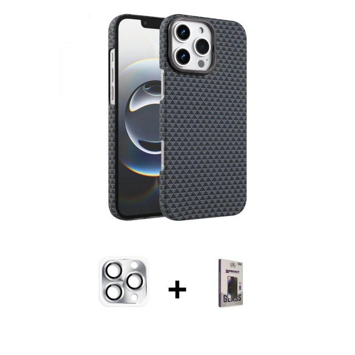 MARSİLYAN™- iPhone 16 Pro Max Kılıf Doruk Serisi - Siyah Bilvis Hayalet Cam Ekran Koruyucu + Pers Alüminyum Kamera Lens - GS