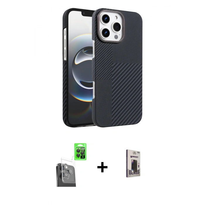 MARSİLYAN™- iPhone 16 Pro Max Kılıf Doruk Serisi - Siyah Bilvis Hayalet Cam Ekran Koruyucu + Raze Metal Kamera Lens - SH
