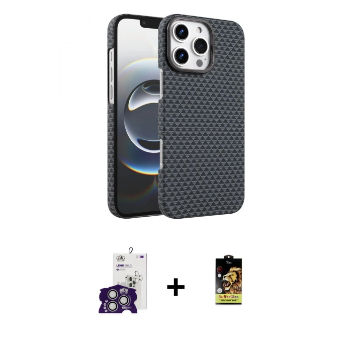 MARSİLYAN™- iPhone 16 Pro Max Kılıf Doruk Serisi - Siyah Buffer Cam Ekran Koruyucu + Bilvis Titan Kamera Lens - GS