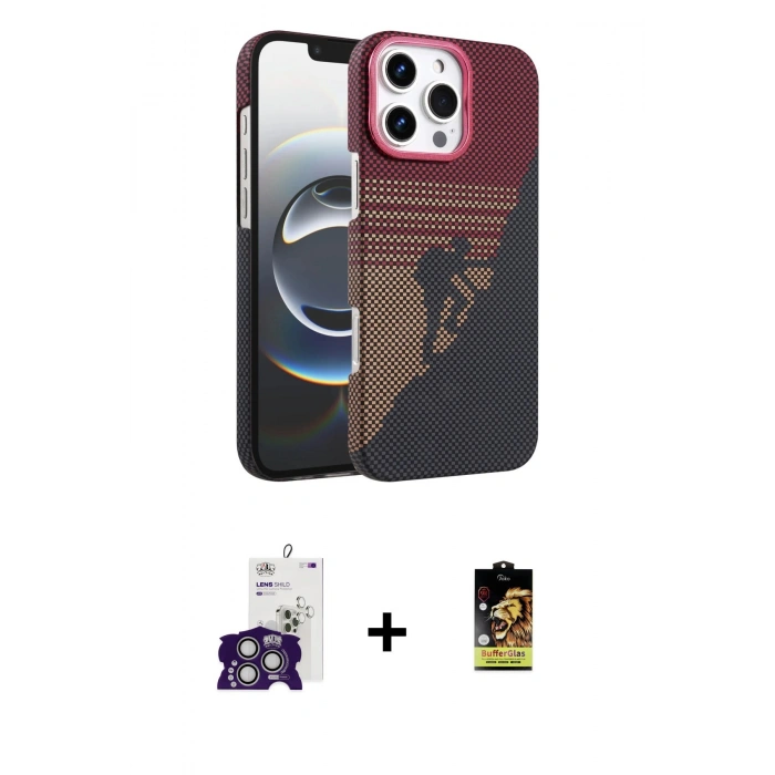 MARSİLYAN™- iPhone 16 Pro Max Kılıf Doruk Serisi - Siyah Buffer Cam Ekran Koruyucu + Bilvis Titan Kamera Lens - GS