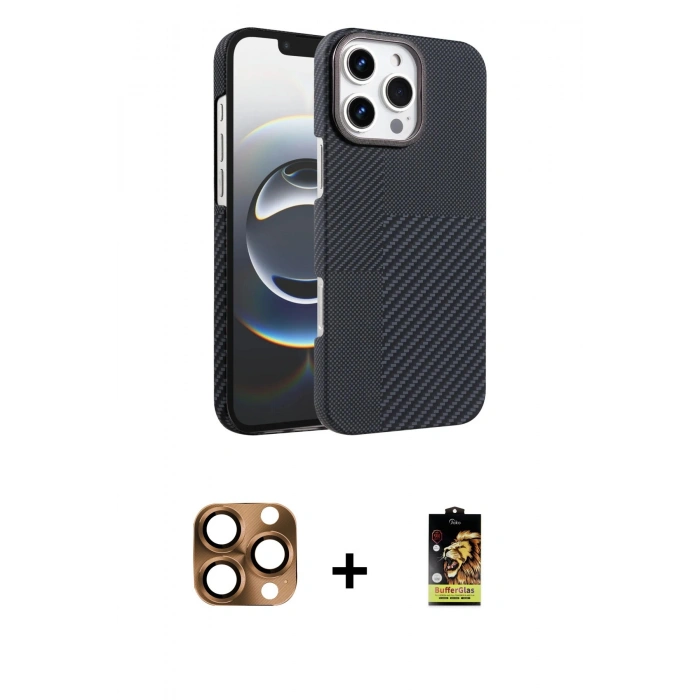 MARSİLYAN™- iPhone 16 Pro Max Kılıf Doruk Serisi - Siyah Buffer Cam Ekran Koruyucu + Çöl Titanyum Pers Alüminyum Kamera Lens