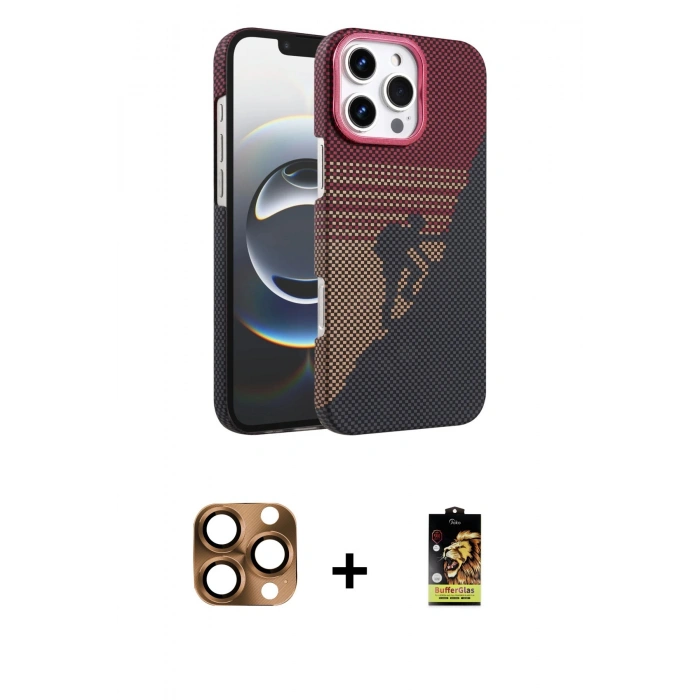 MARSİLYAN™- iPhone 16 Pro Max Kılıf Doruk Serisi - Siyah Buffer Cam Ekran Koruyucu + Çöl Titanyum Pers Alüminyum Kamera Lens