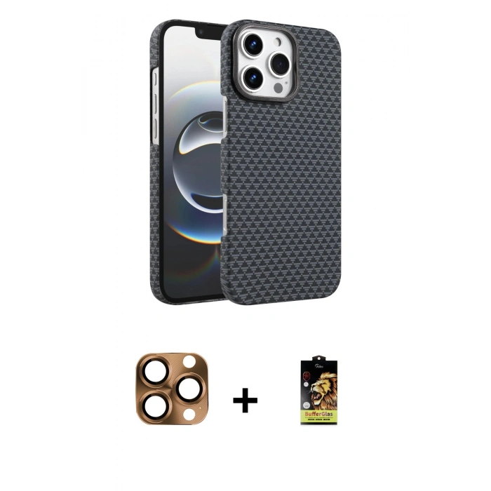 MARSİLYAN™- iPhone 16 Pro Max Kılıf Doruk Serisi - Siyah Buffer Cam Ekran Koruyucu + Çöl Titanyum Pers Alüminyum Kamera Lens