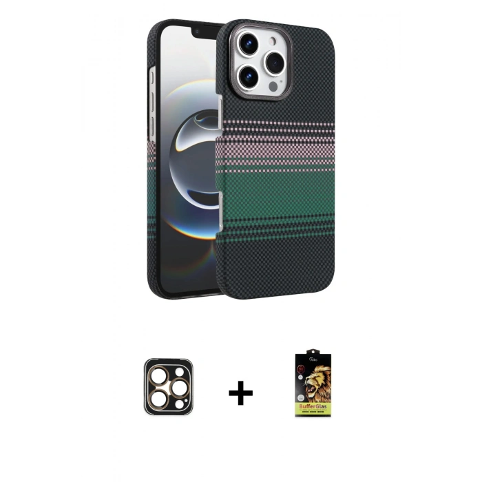 MARSİLYAN™- iPhone 16 Pro Max Kılıf Doruk Serisi - Siyah Buffer Cam Ekran Koruyucu + PVD Metal Kamera Lens - GD