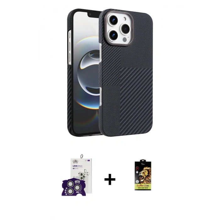 MARSİLYAN™- iPhone 16 Pro Max Kılıf Doruk Serisi - Siyah Buffer Cam Ekran Koruyucu + Bilvis Titan Kamera Lens - GS