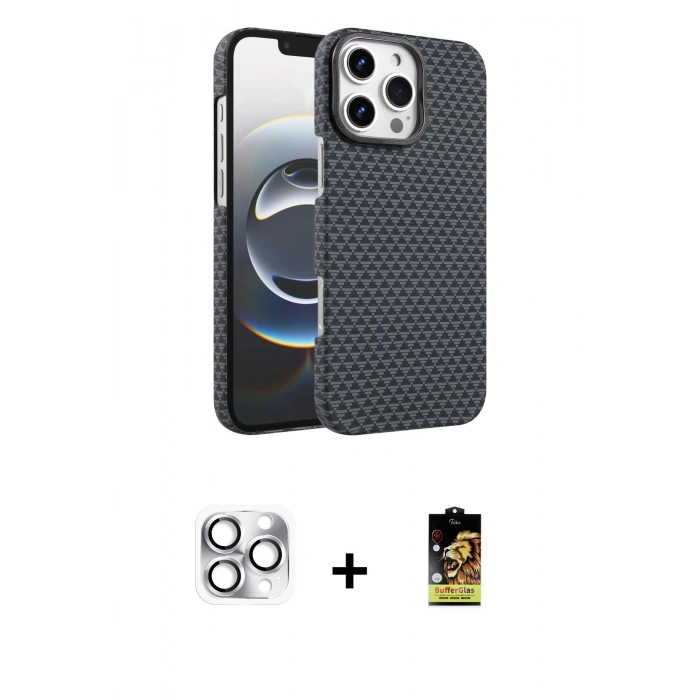 MARSİLYAN™- iPhone 16 Pro Max Kılıf Doruk Serisi - Siyah Buffer Cam Ekran Koruyucu + Pers Alüminyum Kamera Lens - GS