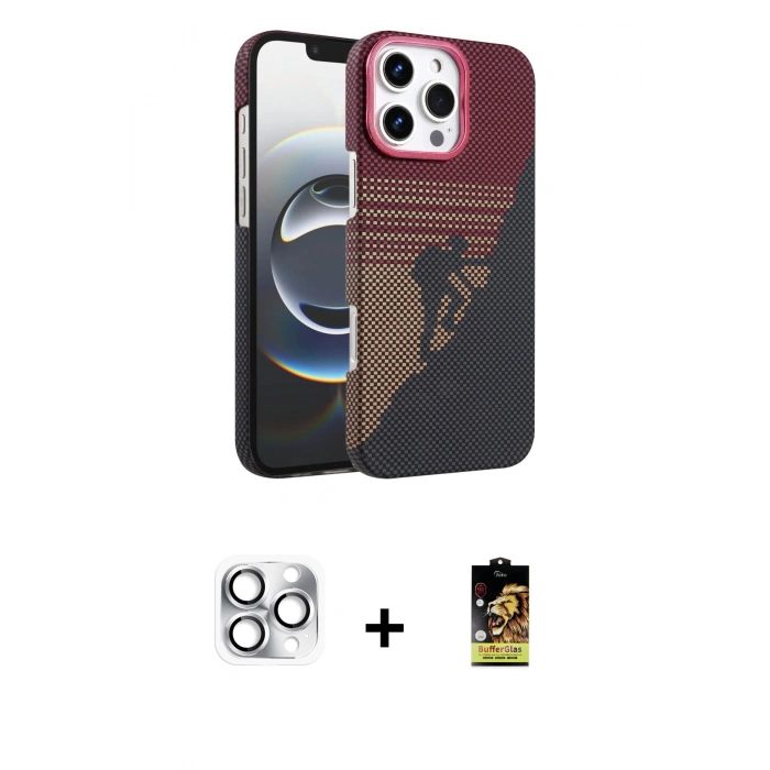MARSİLYAN™- iPhone 16 Pro Max Kılıf Doruk Serisi - Siyah Buffer Cam Ekran Koruyucu + Pers Alüminyum Kamera Lens - GS