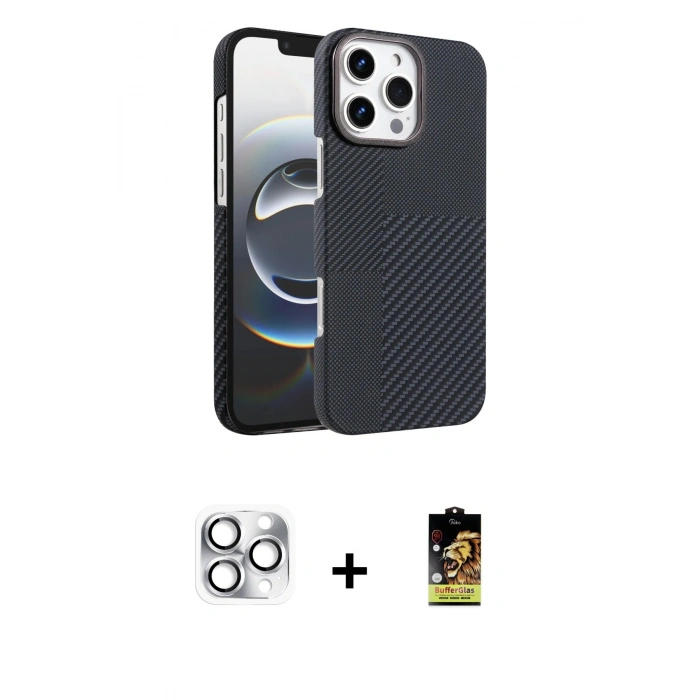 MARSİLYAN™- iPhone 16 Pro Max Kılıf Doruk Serisi - Siyah Buffer Cam Ekran Koruyucu + Pers Alüminyum Kamera Lens - GS