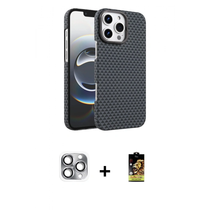 MARSİLYAN™- iPhone 16 Pro Max Kılıf Doruk Serisi - Siyah Buffer Cam Ekran Koruyucu + Pers Alüminyum Kamera Lens - GI