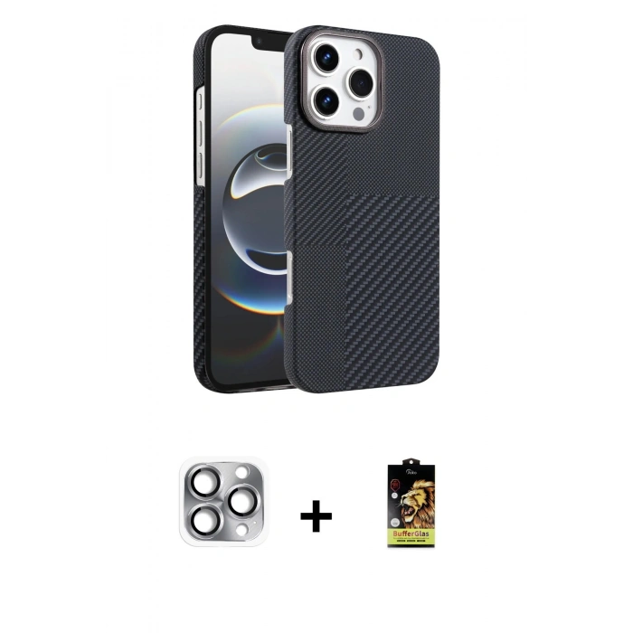 MARSİLYAN™- iPhone 16 Pro Max Kılıf Doruk Serisi - Siyah Buffer Cam Ekran Koruyucu + Pers Alüminyum Kamera Lens - GI