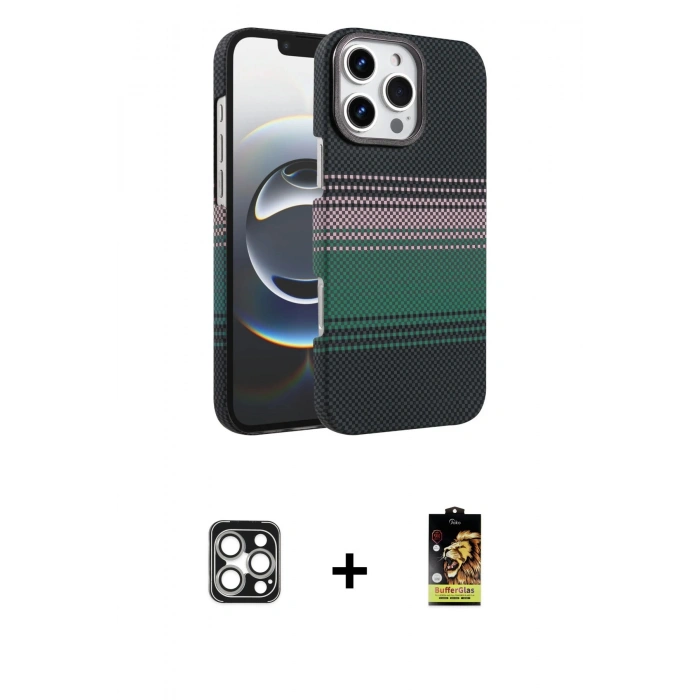 MARSİLYAN™- iPhone 16 Pro Max Kılıf Doruk Serisi - Siyah Buffer Cam Ekran Koruyucu + PVD Metal Kamera Lens - GS