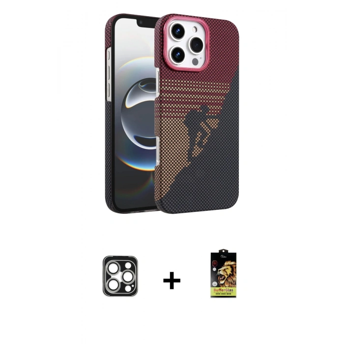 MARSİLYAN™- iPhone 16 Pro Max Kılıf Doruk Serisi - Siyah Buffer Cam Ekran Koruyucu + PVD Metal Kamera Lens - GS