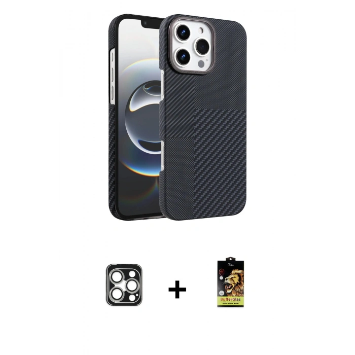 MARSİLYAN™- iPhone 16 Pro Max Kılıf Doruk Serisi - Siyah Buffer Cam Ekran Koruyucu + PVD Metal Kamera Lens - GS