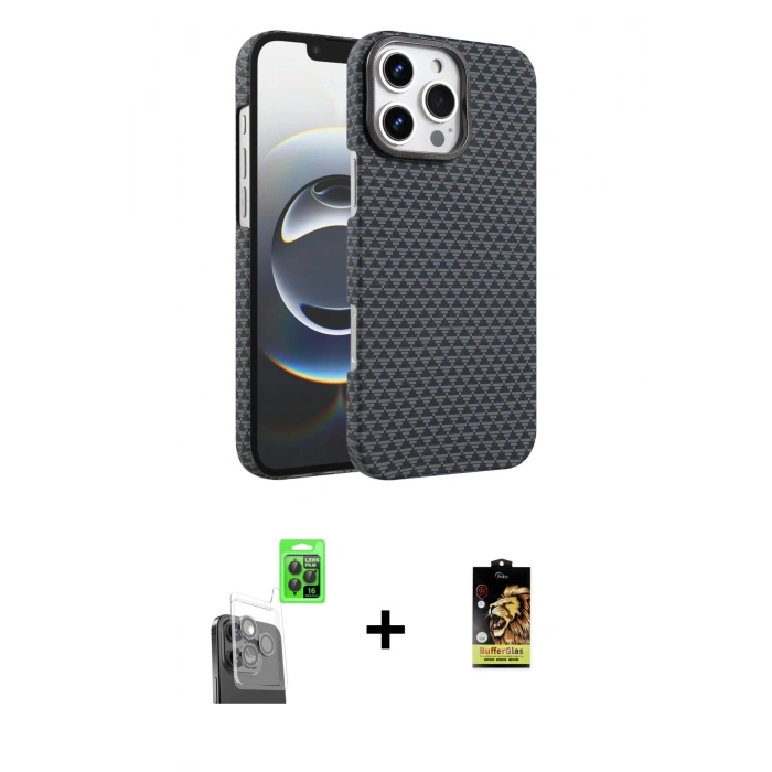 MARSİLYAN™- iPhone 16 Pro Max Kılıf Doruk Serisi - Siyah Buffer Cam Ekran Koruyucu + Raze Metal Kamera Lens - SH
