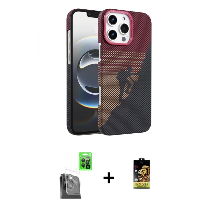 MARSİLYAN™- iPhone 16 Pro Max Kılıf Doruk Serisi - Siyah Buffer Cam Ekran Koruyucu + Raze Metal Kamera Lens - SH
