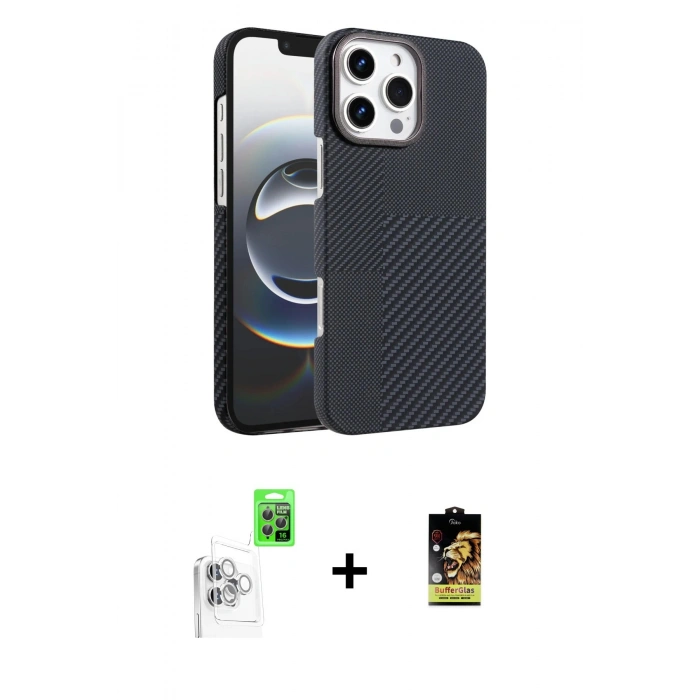 MARSİLYAN™- iPhone 16 Pro Max Kılıf Doruk Serisi - Siyah Buffer Cam Ekran Koruyucu + Raze Metal Kamera Lens - BZ