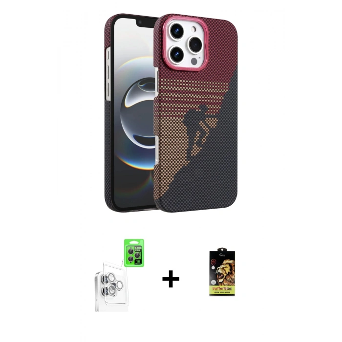 MARSİLYAN™- iPhone 16 Pro Max Kılıf Doruk Serisi - Siyah Buffer Cam Ekran Koruyucu + Raze Metal Kamera Lens - BZ