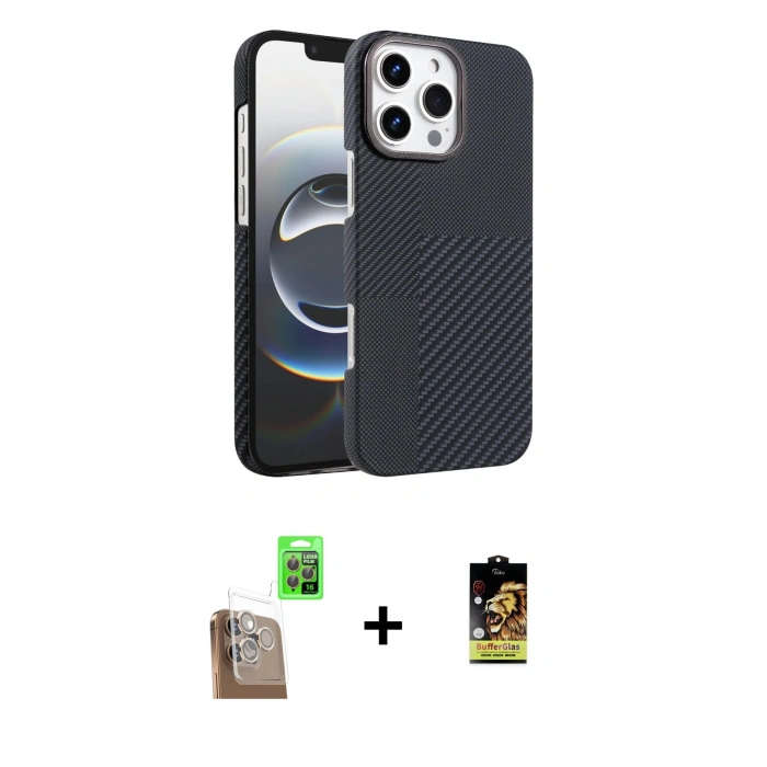 MARSİLYAN™- iPhone 16 Pro Max Kılıf Doruk Serisi - Siyah Buffer Cam Ekran Koruyucu + Raze Metal Kamera Lens - CLTM