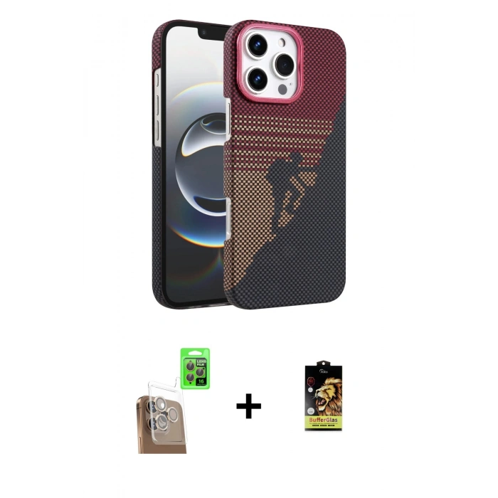 MARSİLYAN™- iPhone 16 Pro Max Kılıf Doruk Serisi - Siyah Buffer Cam Ekran Koruyucu + Raze Metal Kamera Lens - CLTM