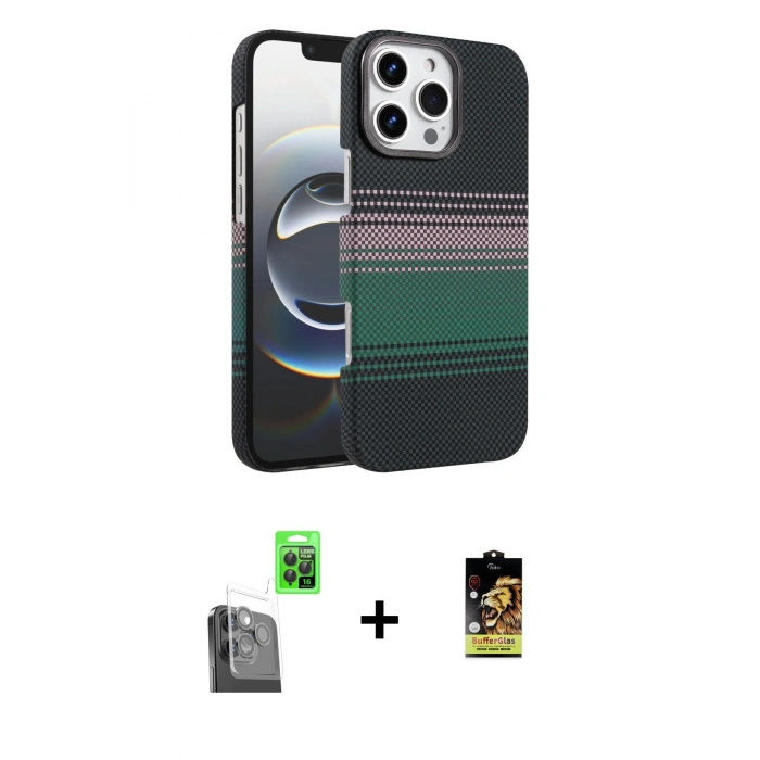 MARSİLYAN™- iPhone 16 Pro Max Kılıf Doruk Serisi - Siyah Buffer Cam Ekran Koruyucu + Raze Metal Kamera Lens - SH