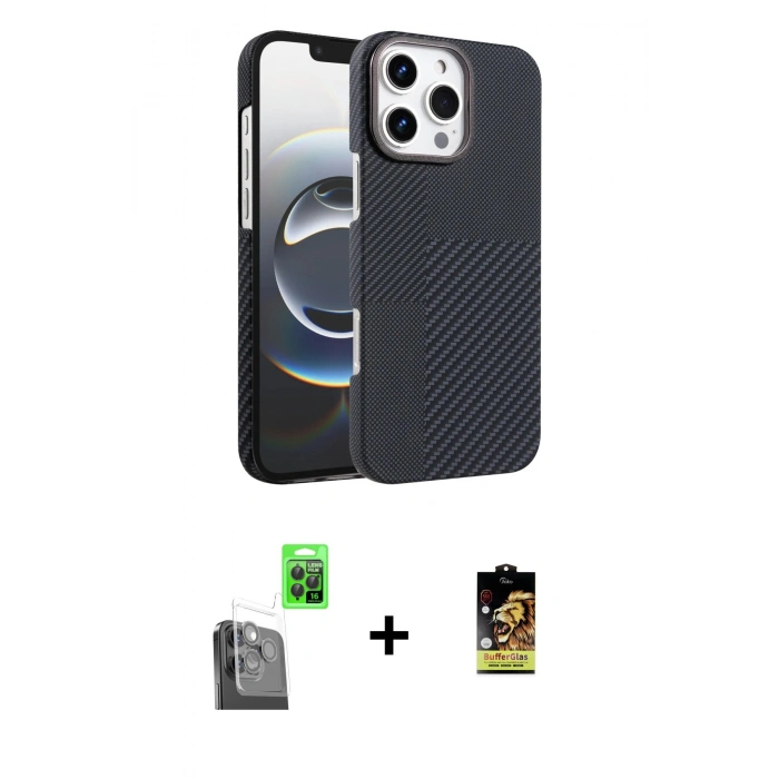 MARSİLYAN™- iPhone 16 Pro Max Kılıf Doruk Serisi - Siyah Buffer Cam Ekran Koruyucu + Raze Metal Kamera Lens - SH