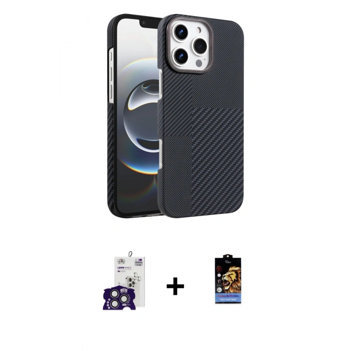 MARSİLYAN™- iPhone 16 Pro Max Kılıf Doruk Serisi - Siyah Buffer Hayalet Cam Ekran Koruyucu + Bilvis Titan Kamera Lens - TMGI