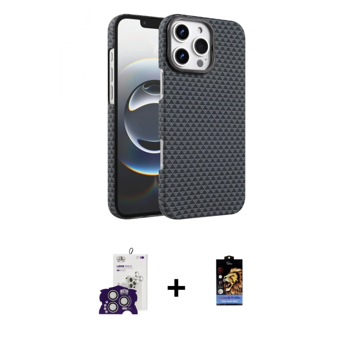 MARSİLYAN™- iPhone 16 Pro Max Kılıf Doruk Serisi - Siyah Buffer Hayalet Cam Ekran Koruyucu + Bilvis Titan Kamera Lens - GS