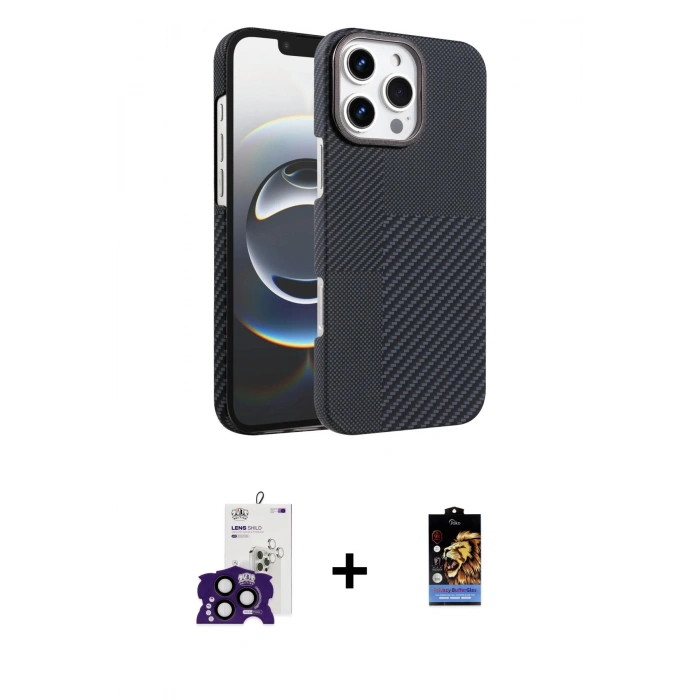 MARSİLYAN™- iPhone 16 Pro Max Kılıf Doruk Serisi - Siyah Buffer Hayalet Cam Ekran Koruyucu + Bilvis Titan Kamera Lens - SH
