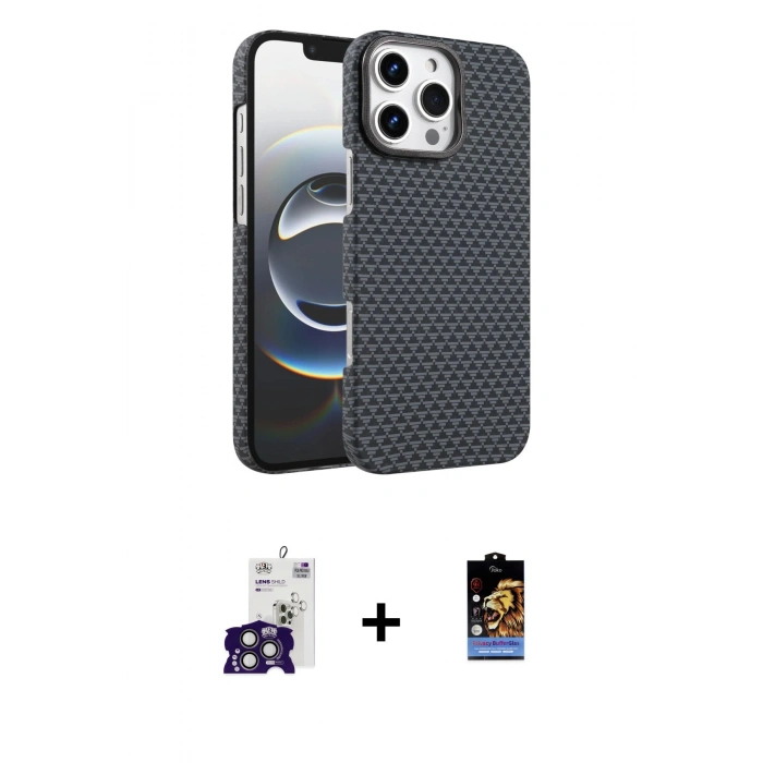 MARSİLYAN™- iPhone 16 Pro Max Kılıf Doruk Serisi - Siyah Buffer Hayalet Cam Ekran Koruyucu + Bilvis Titan Kamera Lens - TMGI