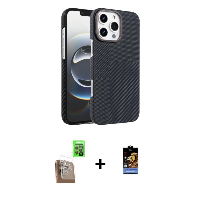 MARSİLYAN™- iPhone 16 Pro Max Kılıf Doruk Serisi - Siyah Buffer Hayalet Cam Ekran Koruyucu + Raze Metal Kamera Lens - CLTM