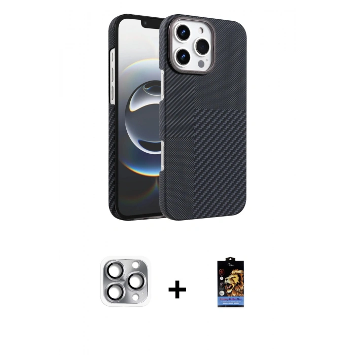 MARSİLYAN™- iPhone 16 Pro Max Kılıf Doruk Serisi - Siyah Buffer Hayalet Cam Ekran Koruyucu + Gri Pers Alüminyum Kamera Lens