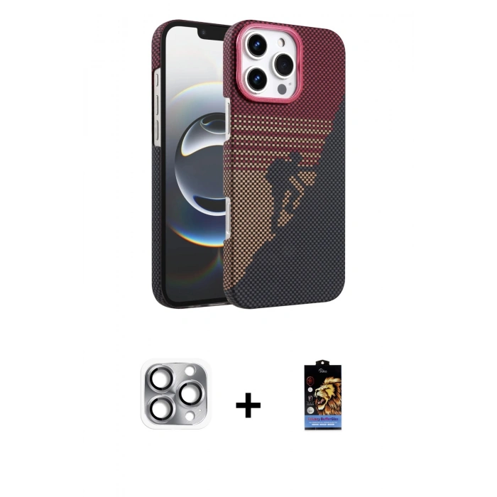 MARSİLYAN™- iPhone 16 Pro Max Kılıf Doruk Serisi - Siyah Buffer Hayalet Cam Ekran Koruyucu + Gri Pers Alüminyum Kamera Lens