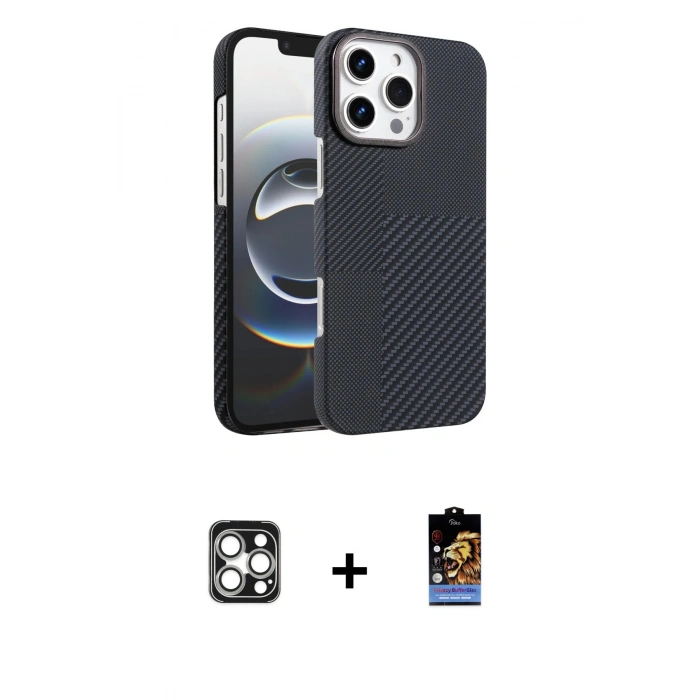 MARSİLYAN™- iPhone 16 Pro Max Kılıf Doruk Serisi - Siyah Buffer Hayalet Cam Ekran Koruyucu + PVD Metal Kamera Lens - GS