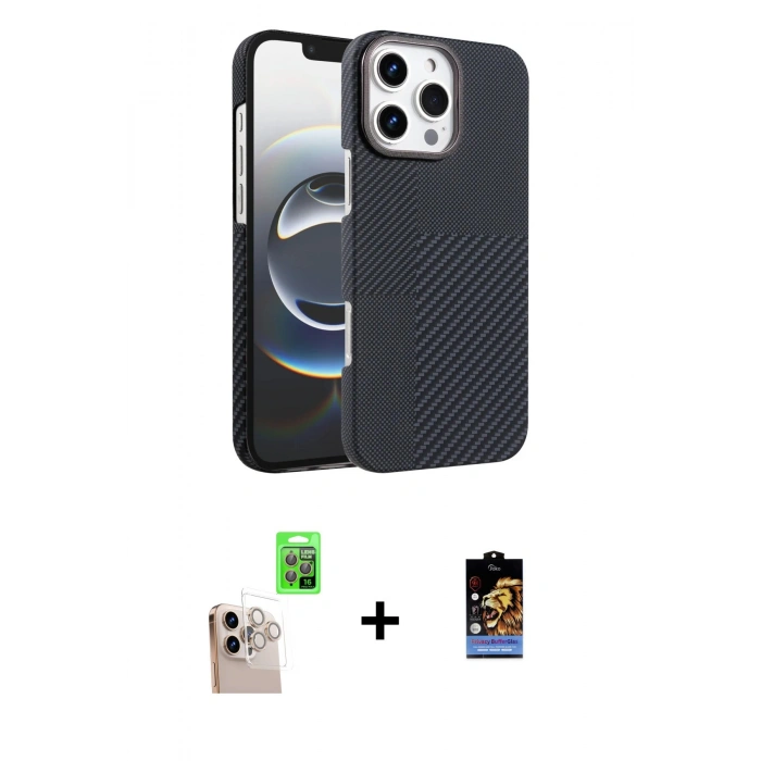 MARSİLYAN™- iPhone 16 Pro Max Kılıf Doruk Serisi - Siyah Buffer Hayalet Cam Ekran Koruyucu + Raze Metal Kamera Lens - NLGY