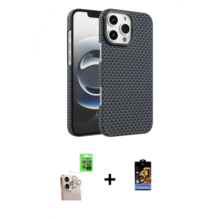 MARSİLYAN™- iPhone 16 Pro Max Kılıf Doruk Serisi - Siyah Buffer Hayalet Cam Ekran Koruyucu + Raze Metal Kamera Lens - NLGY