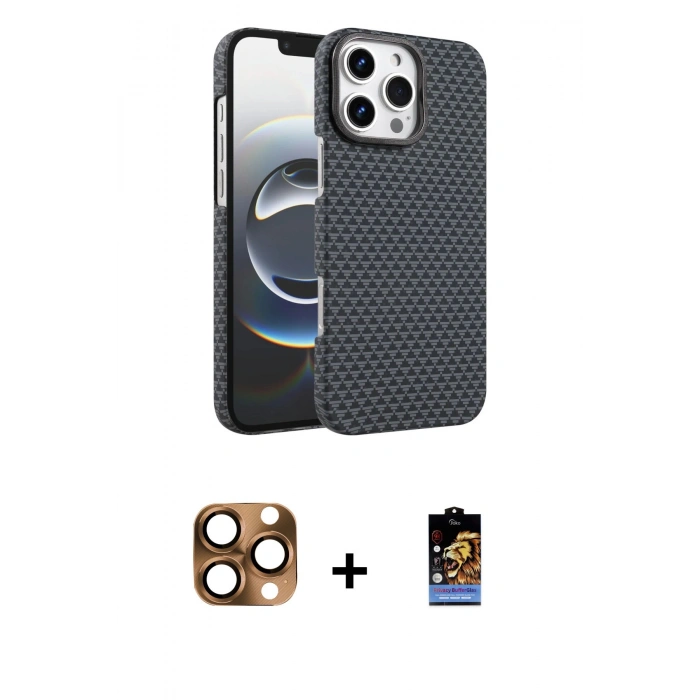 MARSİLYAN™- iPhone 16 Pro Max Kılıf Doruk Serisi - Siyah Buffer Hayalet Cam Ekran Koruyucu + Pers Alüminyum Kamera Lens - CLTM