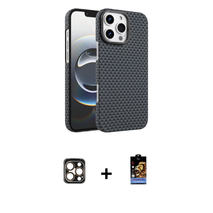 MARSİLYAN™- iPhone 16 Pro Max Kılıf Doruk Serisi - Siyah Buffer Hayalet Cam Ekran Koruyucu + PVD Metal Kamera Lens - GD