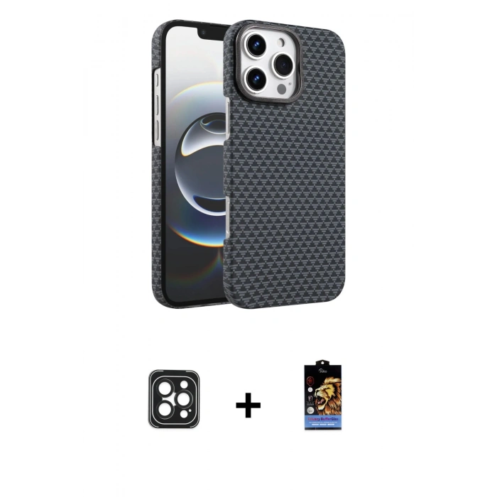 MARSİLYAN™- iPhone 16 Pro Max Kılıf Doruk Serisi - Siyah Buffer Hayalet Cam Ekran Koruyucu + PVD Metal Kamera Lens - SH