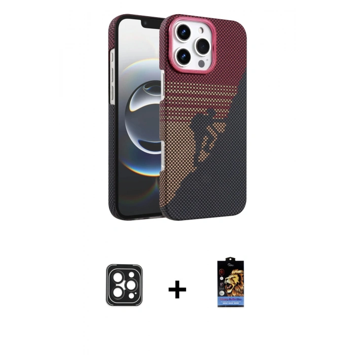 MARSİLYAN™- iPhone 16 Pro Max Kılıf Doruk Serisi - Siyah Buffer Hayalet Cam Ekran Koruyucu + PVD Metal Kamera Lens - SH