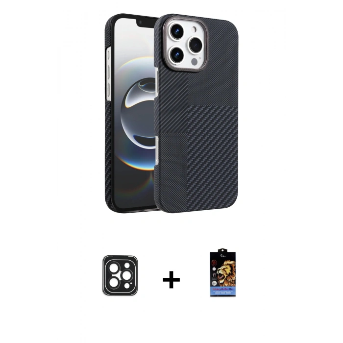 MARSİLYAN™- iPhone 16 Pro Max Kılıf Doruk Serisi - Siyah Buffer Hayalet Cam Ekran Koruyucu + PVD Metal Kamera Lens - SH