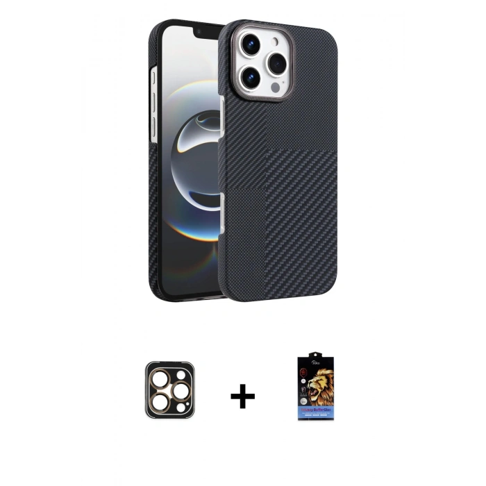 MARSİLYAN™- iPhone 16 Pro Max Kılıf Doruk Serisi - Siyah Buffer Hayalet Cam Ekran Koruyucu + PVD Metal Kamera Lens - GD
