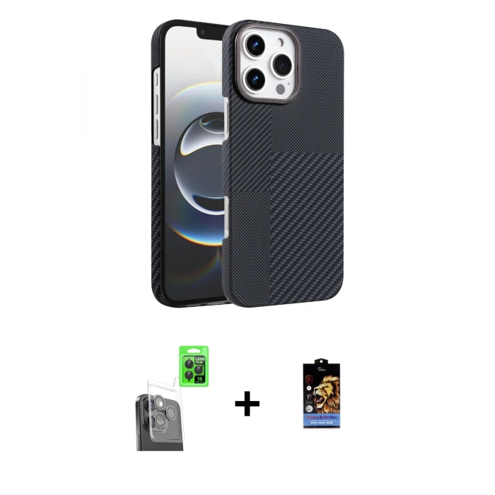 MARSİLYAN™- iPhone 16 Pro Max Kılıf Doruk Serisi - Siyah Buffer Hayalet Cam Ekran Koruyucu + Raze Metal Kamera Lens - SH
