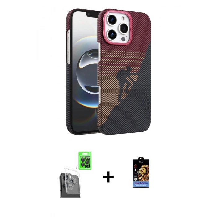 MARSİLYAN™- iPhone 16 Pro Max Kılıf Doruk Serisi - Siyah Buffer Hayalet Cam Ekran Koruyucu + Raze Metal Kamera Lens - SH