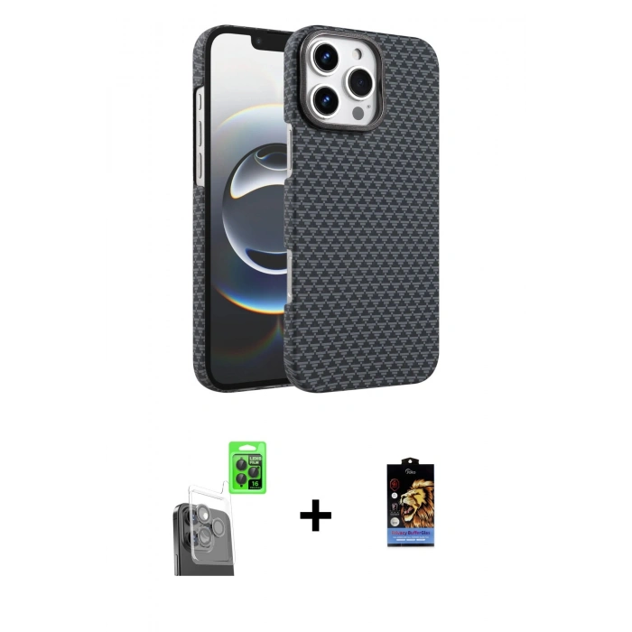 MARSİLYAN™- iPhone 16 Pro Max Kılıf Doruk Serisi - Siyah Buffer Hayalet Cam Ekran Koruyucu + Raze Metal Kamera Lens - SH