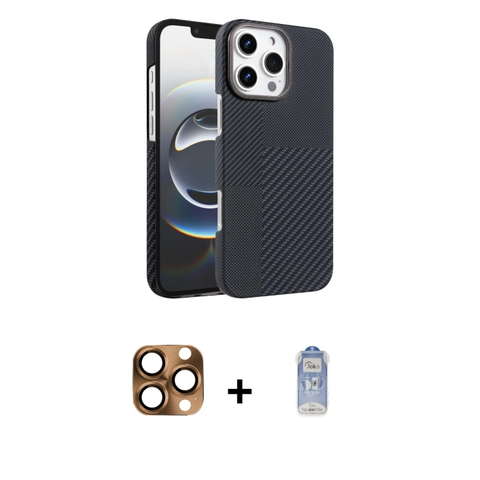 MARSİLYAN™- iPhone 16 Pro Max Kılıf Doruk Serisi - Siyah Joko Magic 5D Cam + Pers Alüminyum Kamera Lens - CLTM